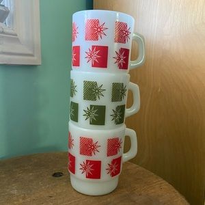 3 Vintage Anchor Hocking Atomic Starburst Stacking Milk Glass Mugs MCM
